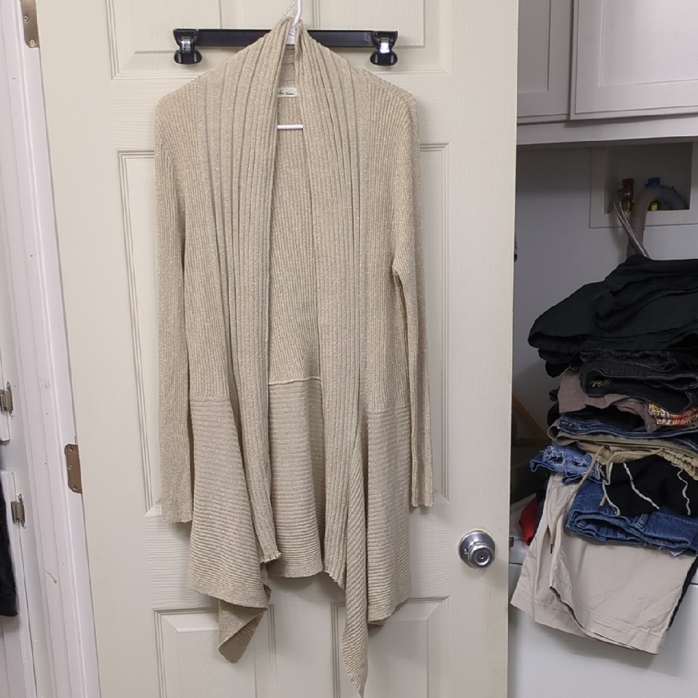 DNA couture Beige Open-Front Ribbed Draped Cardigan
